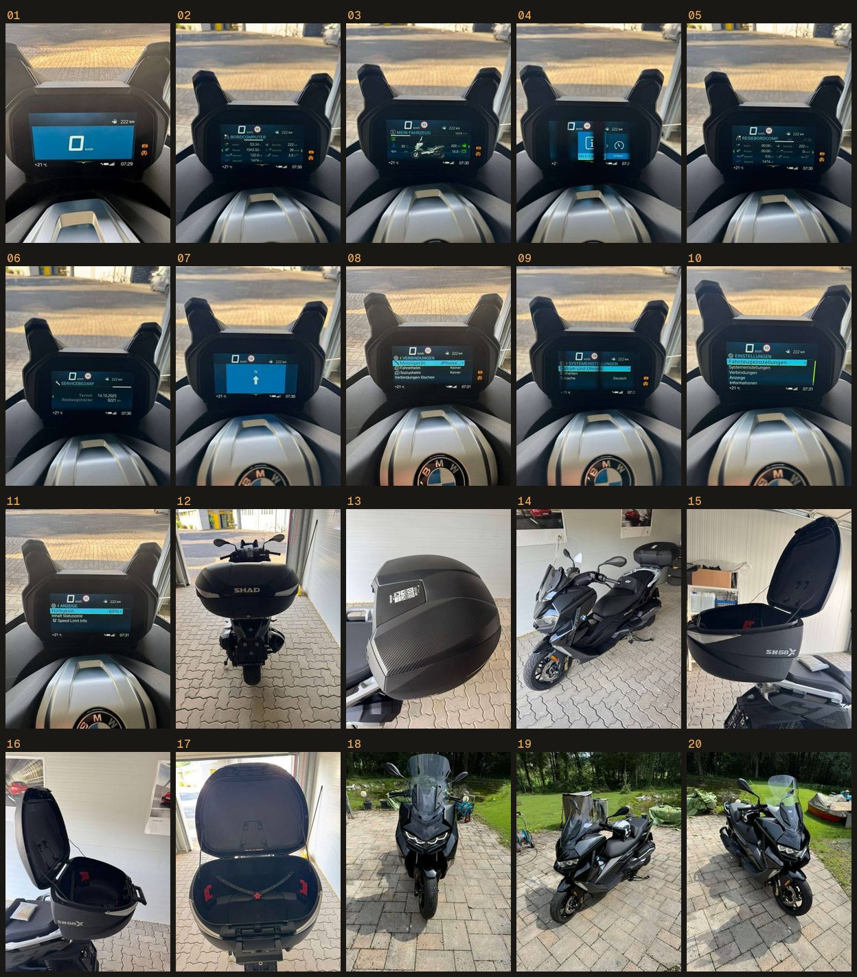 Übersicht aller 20 Original-Fotos eines Inserats: elf Cockpit-Aufnahmen, vier Topcase-Bilder, die Gesamtansichten bei Tageslicht erst auf den Plätzen 18 bis 20